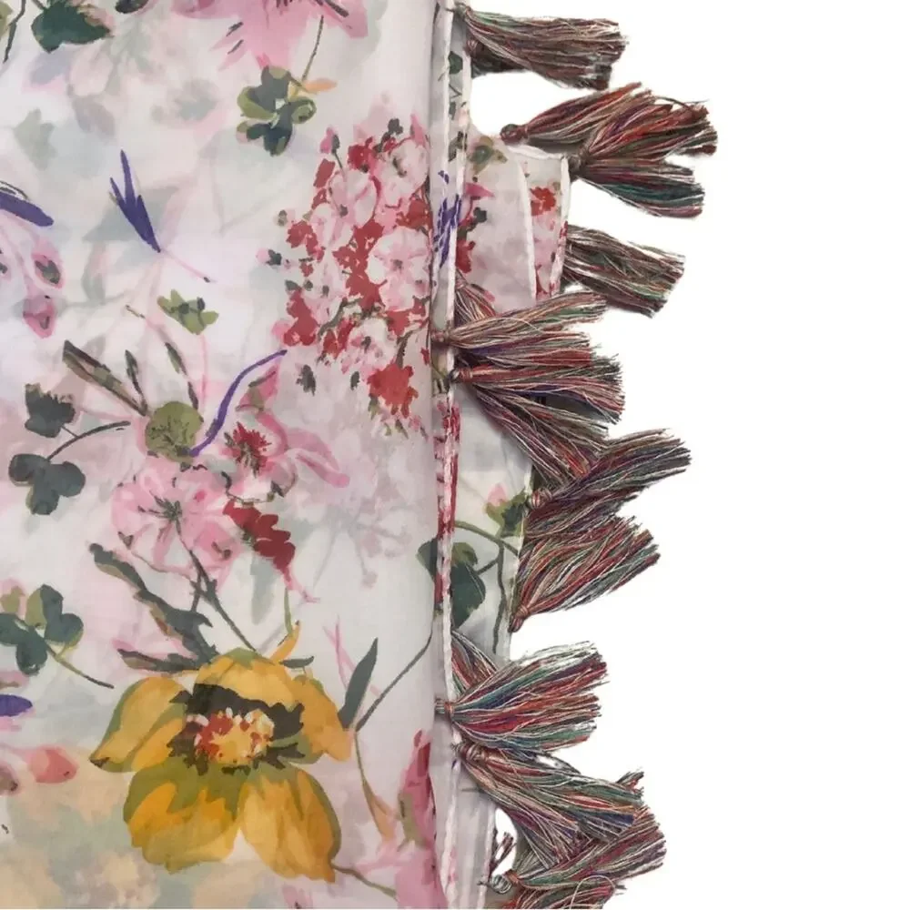 2/$30 Floral Print Tassel White Pink Scarf Wrap Shawl Cottagecore Prairie Boho